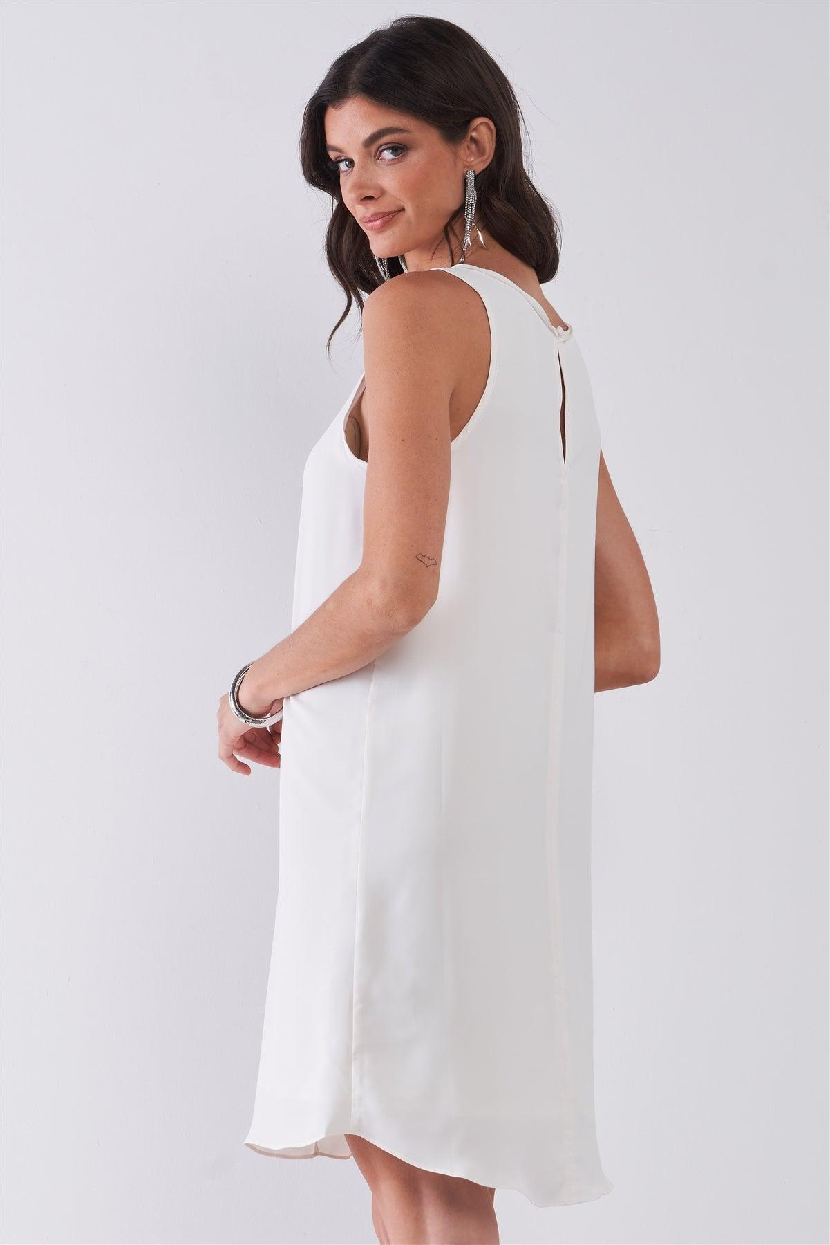 White Round Neck Sleeveless Front Cut-In Mesh Detail Mini Dress /1-3-1
