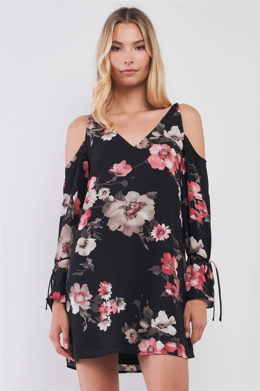 Black Multicolor Floral Print Cold Shoulder Criss-Cross Back Self-Tie Long Sleeve V-Neck Relaxed Mini Dress - Tasha Apparel Wholesale