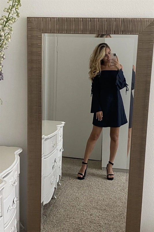 Navy Blue Loose Fit Off-The-Shoulder Self-Tie Frill Trim Angel Sleeve Mini Dress /1-2-1 - Tasha Apparel Wholesale