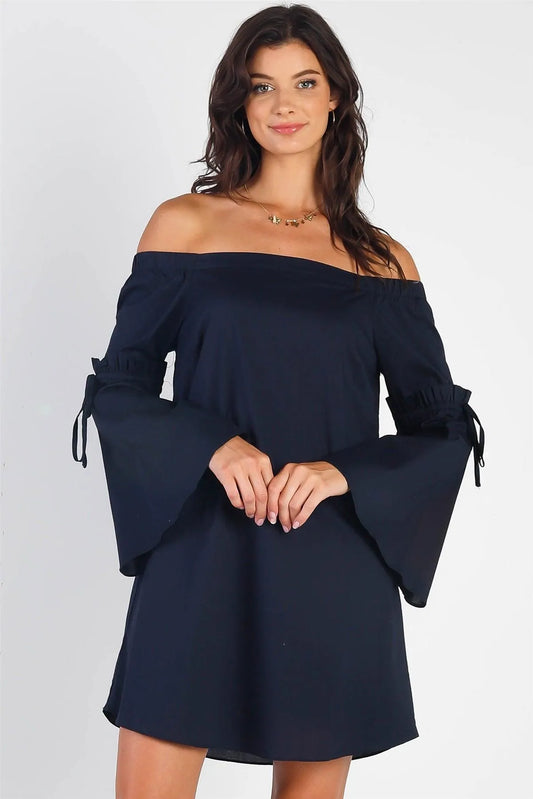 Navy Blue Loose Fit Off-The-Shoulder Self-Tie Frill Trim Angel Sleeve Mini Dress /1-2-2-1 - Tasha Apparel Wholesale