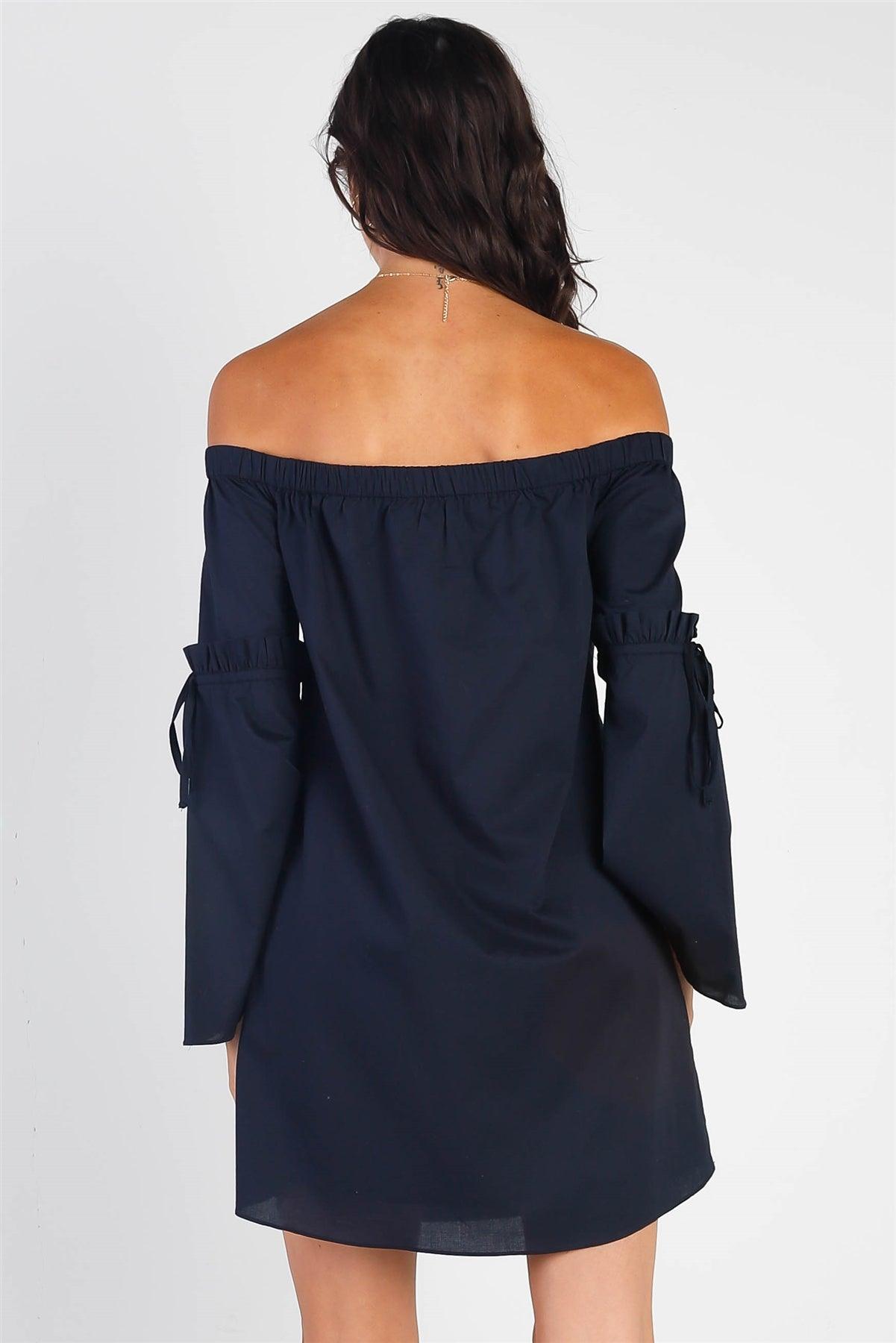 Navy Blue Loose Fit Off-The-Shoulder Self-Tie Frill Trim Angel Sleeve Mini Dress /1-2-2-1