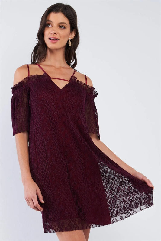 Wine Red Loose Printed Ribbed Mesh Off-The-Shoulder Tube Mini Dress With Satin Multi Straps /1-1-2 - Tasha Apparel Wholesale