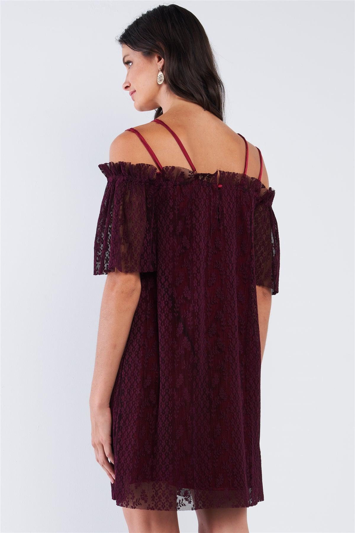 Wine Red Loose Printed Ribbed Mesh Off-The-Shoulder Tube Mini Dress With Satin Multi Straps /1-1-2