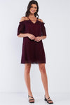 Wine Red Loose Printed Ribbed Mesh Off-The-Shoulder Tube Mini Dress With Satin Multi Straps /1-2-2-1
