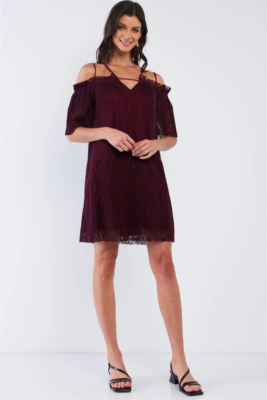 Wine Red Loose Printed Ribbed Mesh Off-The-Shoulder Tube Mini Dress With Satin Multi Straps /1-2-2-1 - Tasha Apparel Wholesale