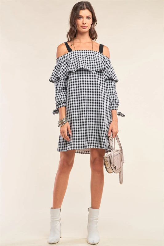 Black&White Checkered Print Off-The-Shoulder Flare Detail Loose Fit Long Sleeve Self-Tie Detail Mini Dress /1-3-1 - Tasha Apparel Wholesale