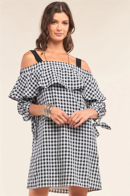 Black&White Checkered Print Off-The-Shoulder Flare Detail Loose Fit Long Balloon Sleeve Self-Tie Detail Mini Dress /1-2-2-1 - Tasha Apparel Wholesale