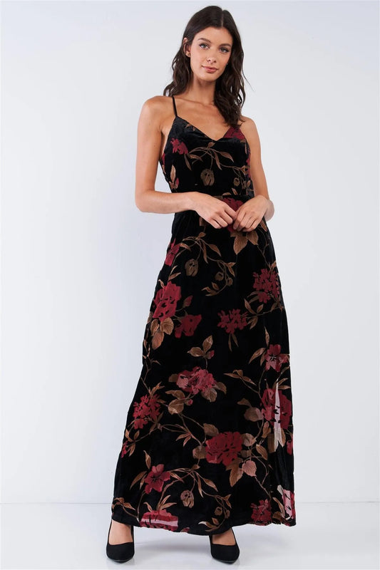 Black Velvet Multi Color Floral Print V-Neck Criss-Cross Back Straps Maxi Dress /1-2-1-1 - Tasha Apparel Wholesale