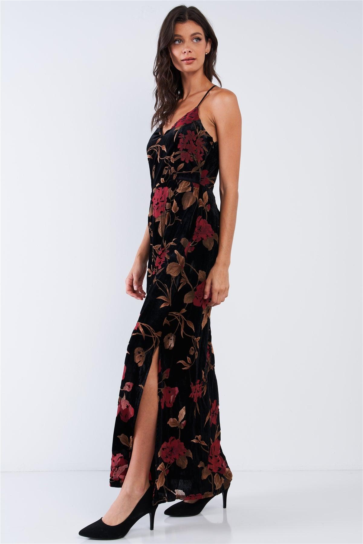 Black Velvet Multi Color Floral Print V-Neck Criss-Cross Back Straps Maxi Dress /3-1-2