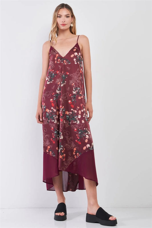 Burgundy Floral Print Satin Sleeveless V-Neck Loose Fit Maxi Dress /3-1-2 - Tasha Apparel Wholesale
