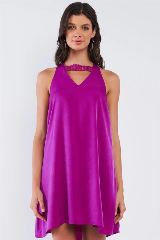 Byzantium Violet Purple Satin Silky Relaxed Fit V-Neck Chest Crochet Accent Halter Self-Tie Open Back Tube Mini Dress /1-2-2-1 - Tasha Apparel Wholesale