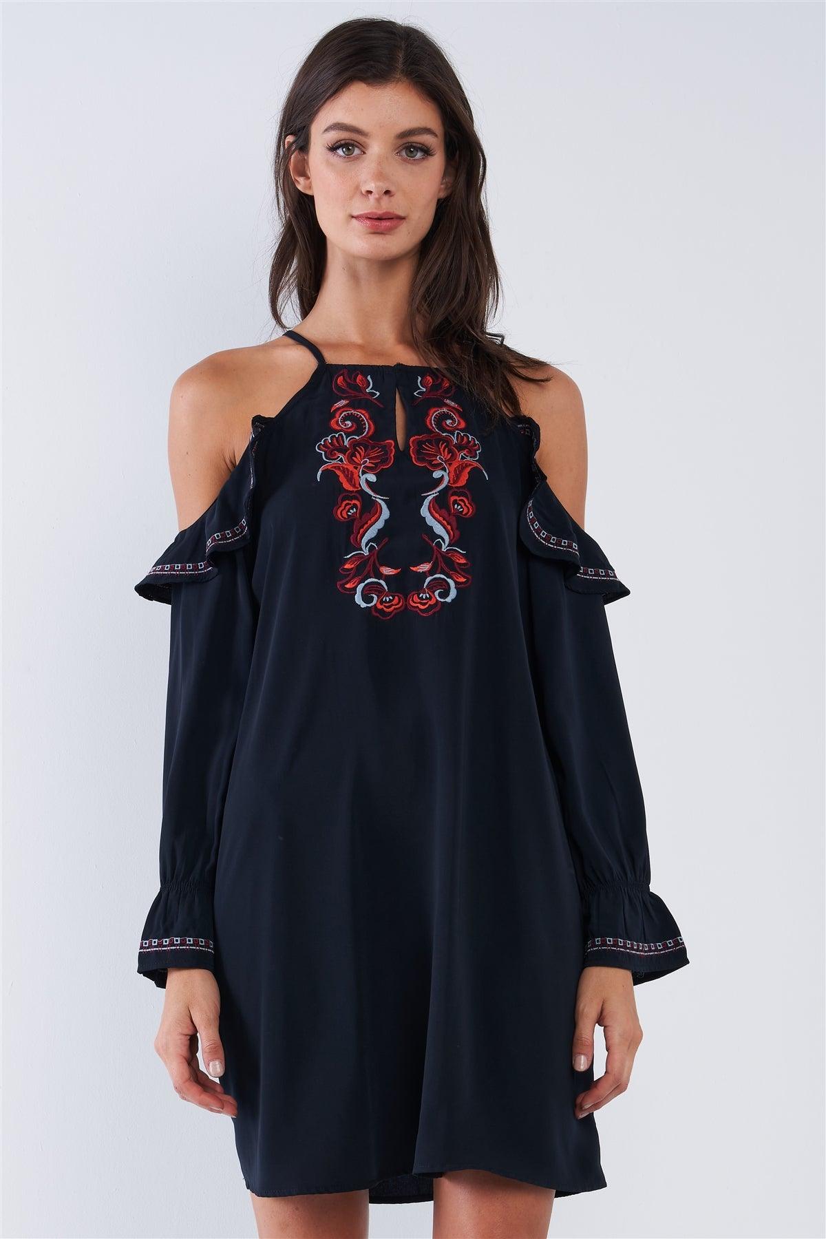Black Boho Multicolor Traditional Slavic Inspired Floral Embroidery Loose Fit Ruffle Off-The-Shoulder Long Sleeve Mini Dress /1-2-2-1