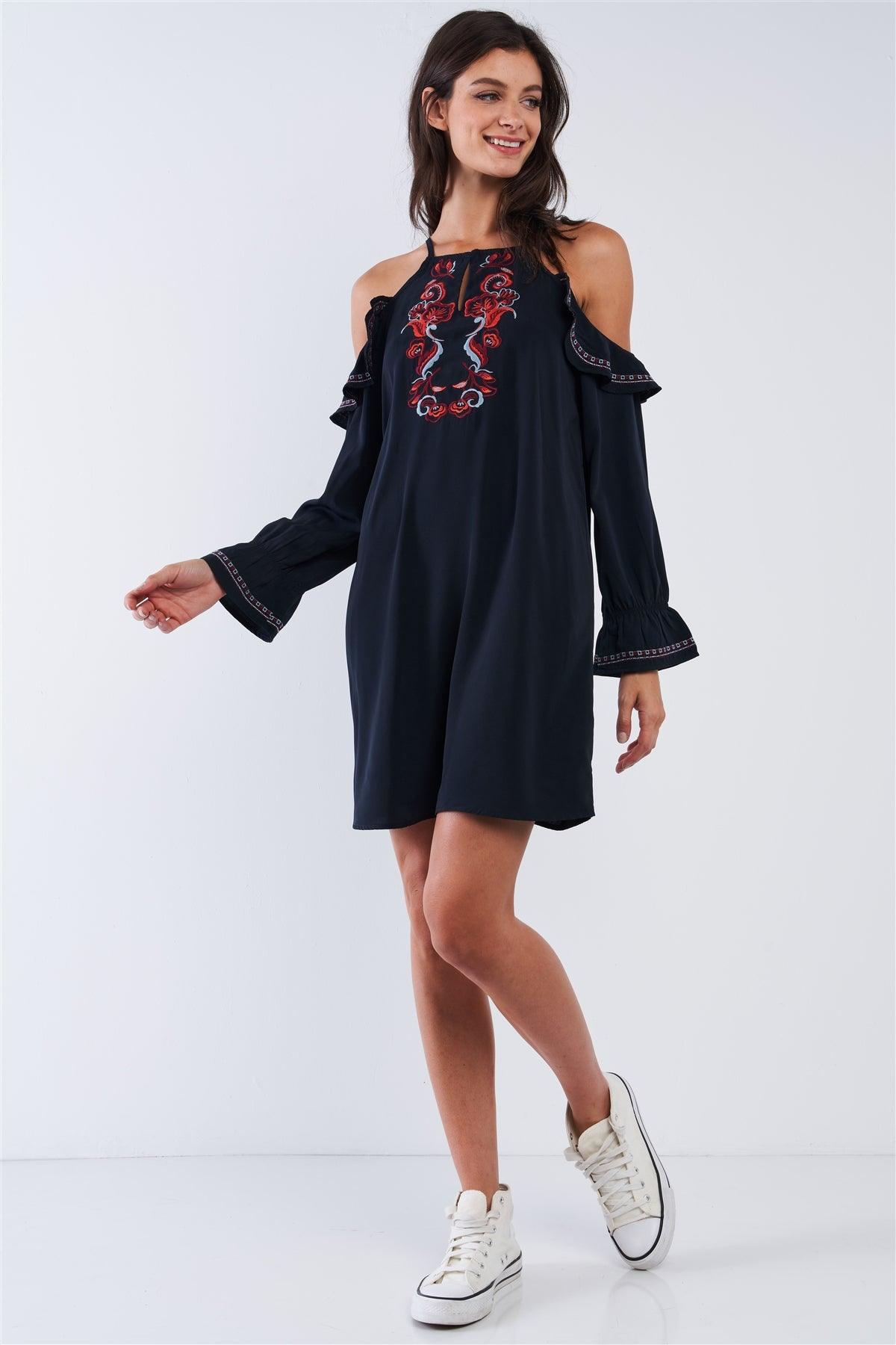 Black Boho Multicolor Traditional Slavic Inspired Floral Embroidery Loose Fit Ruffle Off-The-Shoulder Long Sleeve Mini Dress /1-2-2-1