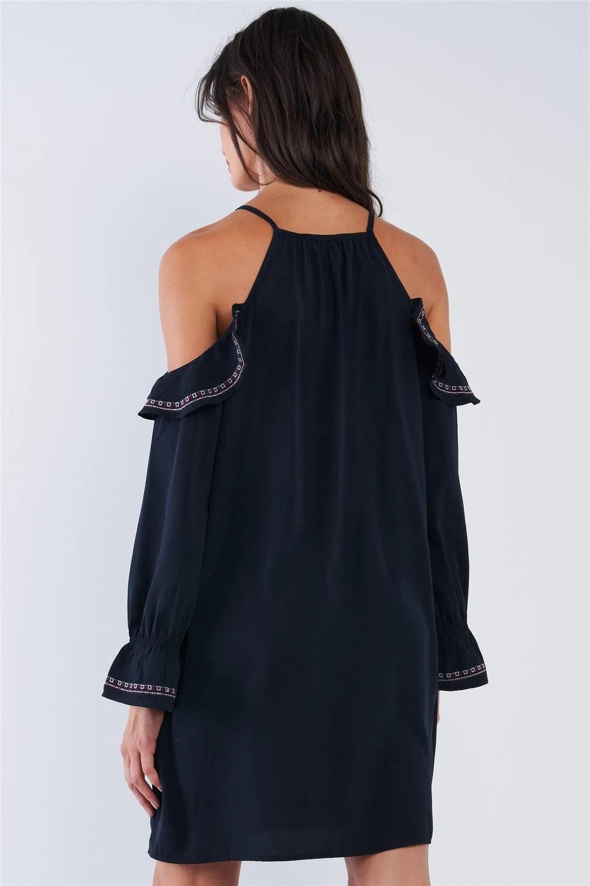 Black Boho Floral Embroidery Ruffle Mini Dress - Tasha Apparel Wholesale