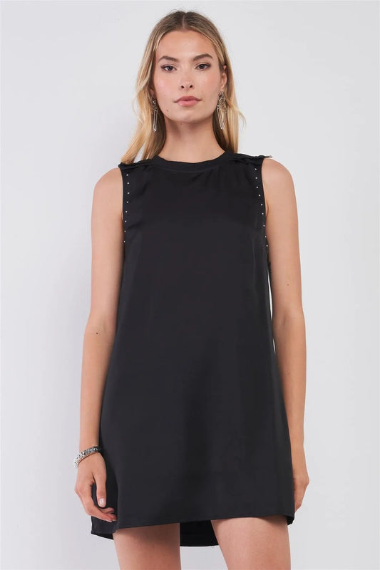 Black Sleeveless Crew Neck Silver Beaded Trim Zipper Shoulder Detail Relaxed Mini Dress /1-2-2-1 - Tasha Apparel Wholesale