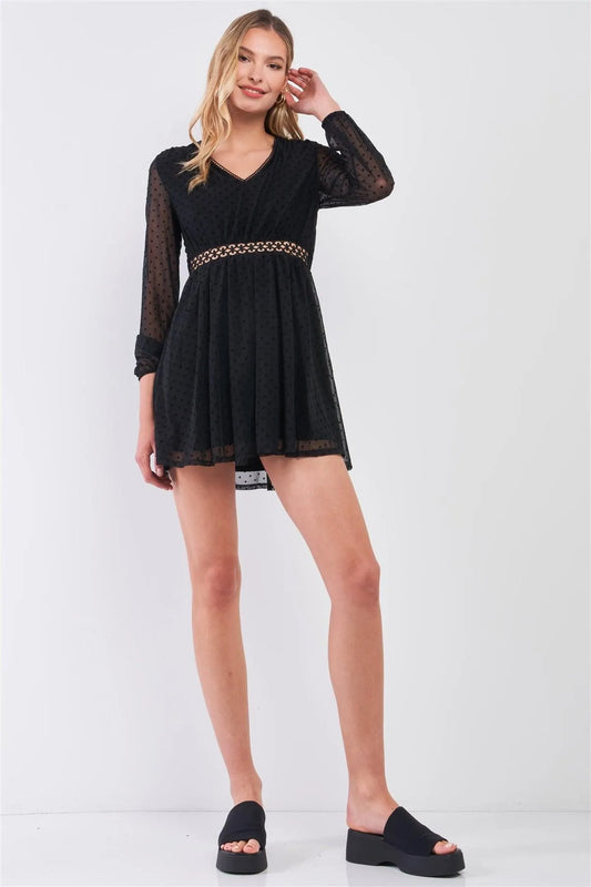 Black Polka Dot Mesh Balloon Sleeve V-Neck Laser-Cut Waist Trim Mini Dress /1-2-1-1 - Tasha Apparel Wholesale