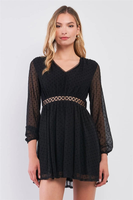 Black Polka Dot Mesh Balloon Sleeve V-Neck Laser-Cut Waist Trim Mini Dress /1-2-2-1 - Tasha Apparel Wholesale