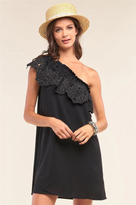 Black One-Shoulder Flare Hem Eyelet Embroidery Detail Sleeveless Relaxed Fit Mini Dress /1-2-2-1 - Tasha Apparel Wholesale