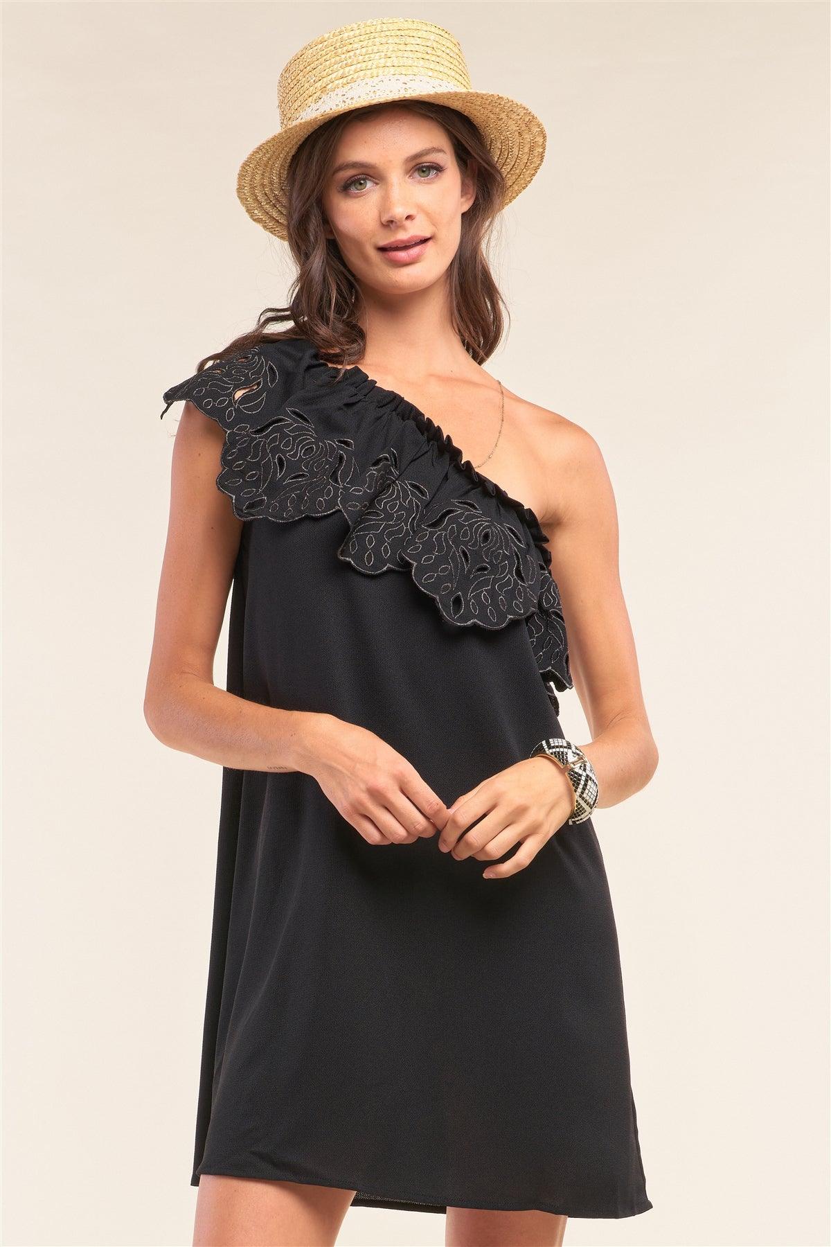 Black One-Shoulder Flare Hem Eyelet Embroidery Detail Sleeveless Relaxed Fit Mini Dress /1-1-2-2