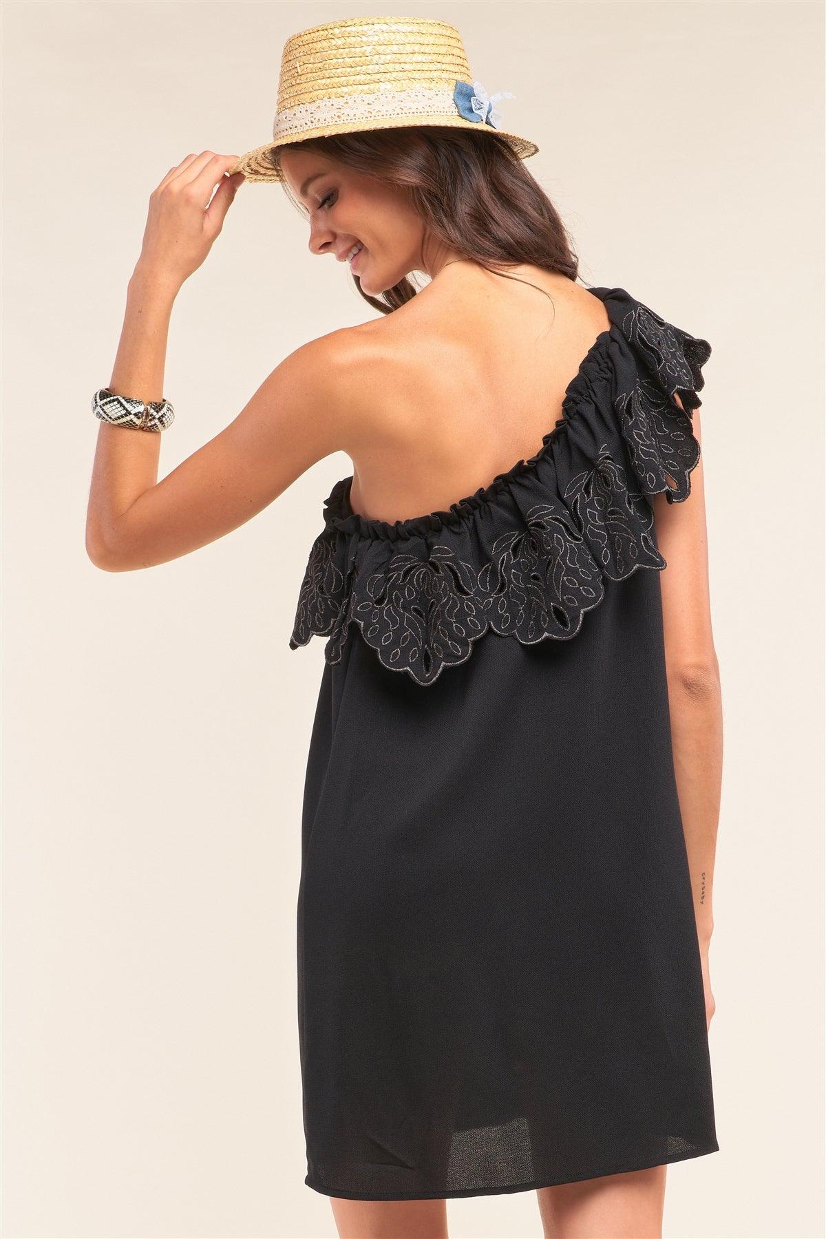 Black One-Shoulder Flare Hem Eyelet Embroidery Detail Sleeveless Relaxed Fit Mini Dress /1-1-2-2