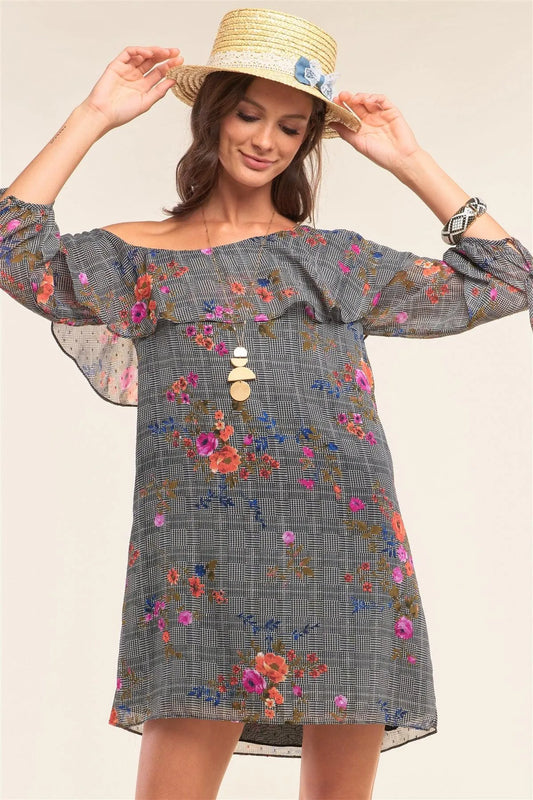 Multi Color Checkered Floral Print Loose Fit Off-The-Shoulder 3/4 Ballon Sleeve Ruffle Hem Mini Dress/1-2-2 - Tasha Apparel Wholesale