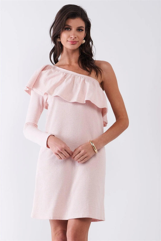 Light Blush Ribbed One-Sleeve Ruffle Trim Detail Loose Fit Mini Dress /1-2-2-1 - Tasha Apparel Wholesale