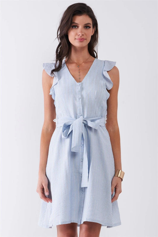 French Riviera Light Blue Striped Sleeveless Ruffle Floral Lace Trim Detail Self-Tie Waist Mini Dress /2-3-1-1 - Tasha Apparel Wholesale