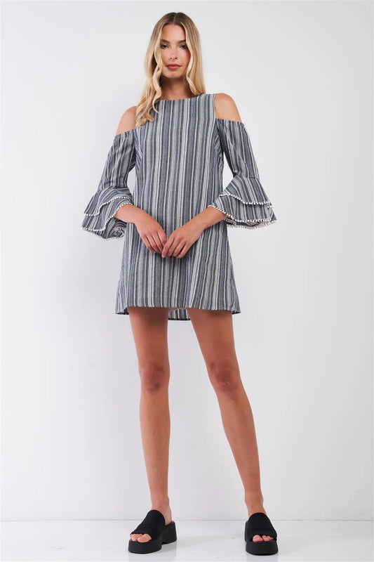 Navy & White Striped Cut-Out Shoulder Bead Trim Detail Flare Sleeve Relaxed Mini Dress /1-2-2-1 - Tasha Apparel Wholesale
