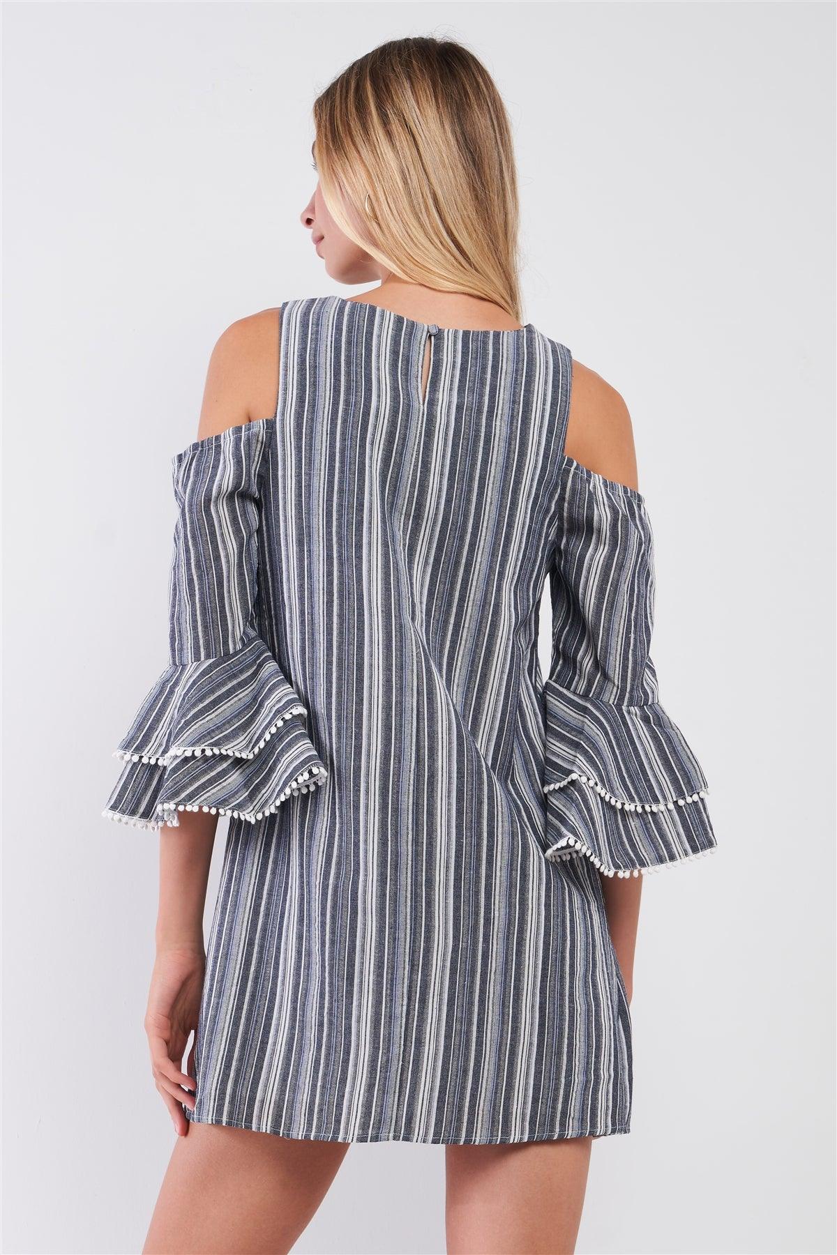 Navy & White Striped Cut-Out Shoulder Bead Trim Detail Flare Sleeve Relaxed Mini Dress /1-2-2-1