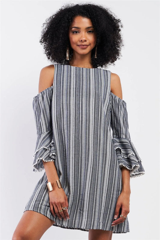 Navy & White Striped Cut-Out Shoulder Bead Trim Relaxed Mini Dress /1-2-2-1 - Tasha Apparel Wholesale