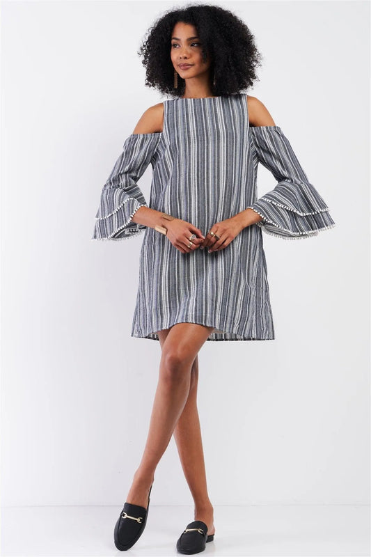Striped Cut-Out Shoulder Bead Trim Detail Flare Sleeve Relaxed Mini Dress /2-3-1 - Tasha Apparel Wholesale