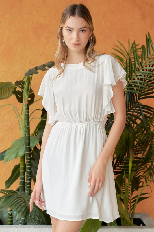 Venus White Angel Sleeve Round Neck Gathered Waist Detail Flare Mini Dress /1-2-2-1 - Tasha Apparel Wholesale