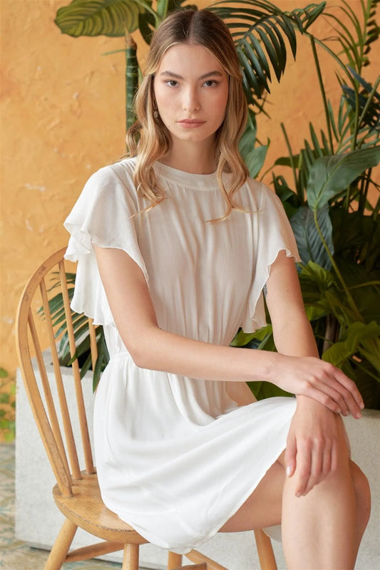Venus White Angel Sleeve Round Neck Gathered Waist Detail Flare Mini Dress /2-3-1 - Tasha Apparel Wholesale