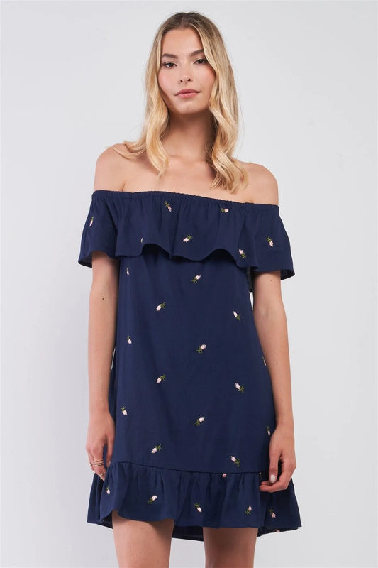 Deep Navy Floral Embroidery Sleeveless Off-The-Shoulder Flounce Relaxed Mini Dress /1-2-2 - Tasha Apparel Wholesale