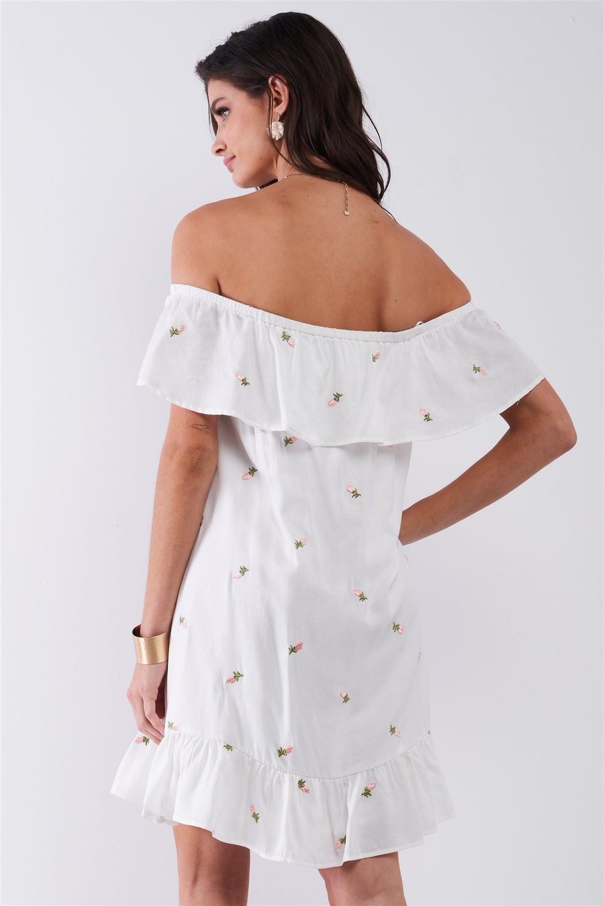 White Floral Embroidery Off-The-Shoulder Flare Hem Relaxed Fit Mini Dress /1-2-1