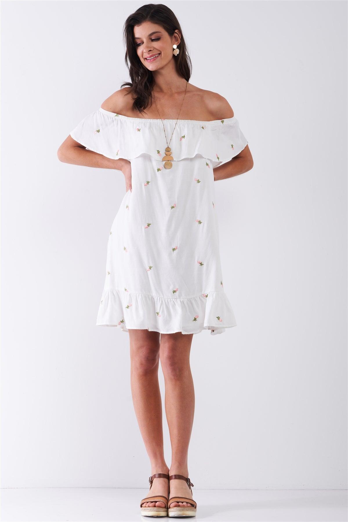 White Floral Embroidery Off-The-Shoulder Flare Hem Relaxed Fit Mini Dress /3-2
