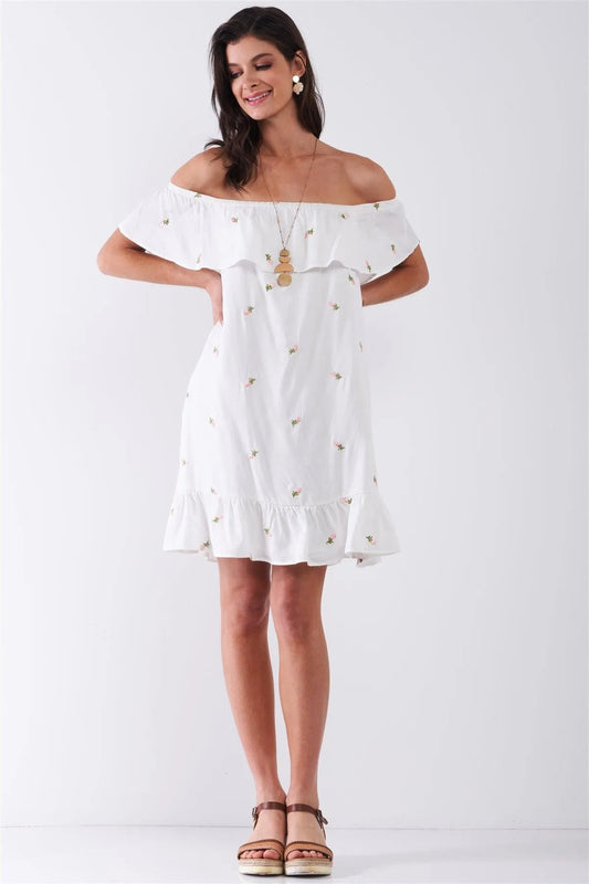 White Floral Embroidery Off-The-Shoulder Flare Hem Relaxed Fit Mini Dress /3-2 - Tasha Apparel Wholesale