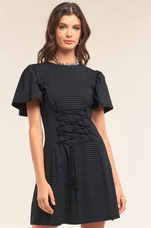 Black Striped Flare Short Sleeve Crew Neck Criss-Cross Lace-Up Detail Fitted Mini Dress /1-2-2-1 - Tasha Apparel Wholesale
