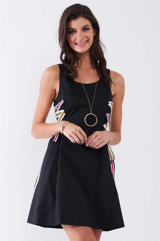 Black Multicolor Strap Lace-Up Side Detail Sleeveless Round Neck Mini Dress /1-2-2-1 - Tasha Apparel Wholesale