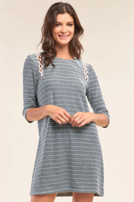 Striped Print Rope Loop Trim Detail Crew Neck Loose Fit Mini Dress /1-3-1 - Tasha Apparel Wholesale