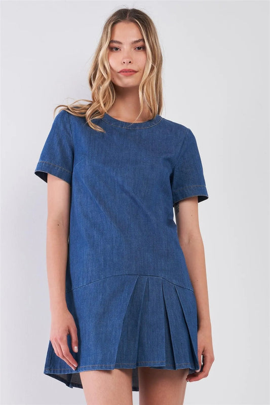 Blue Denim Round Neck Short Sleeve Dropped Waist Pleated Bottom Mini Dress /2-1-2 - Tasha Apparel Wholesale