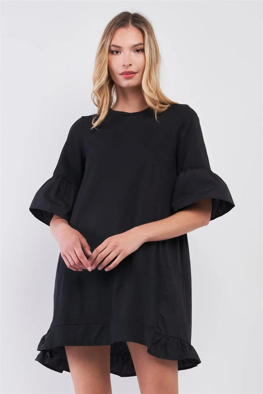 Black Combined Bell Midi Sleeve Tiered Frill Hem Detail Loose Mini Dress /1-2-2-1 - Tasha Apparel Wholesale