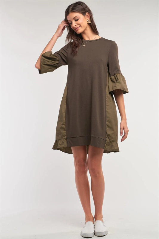 Olive Loose Fit Crew Neck Ruffle Detail Midi Sleeve Cotton Back Panel Detail T-Shirt Mini Dress /1-2-2 - Tasha Apparel Wholesale