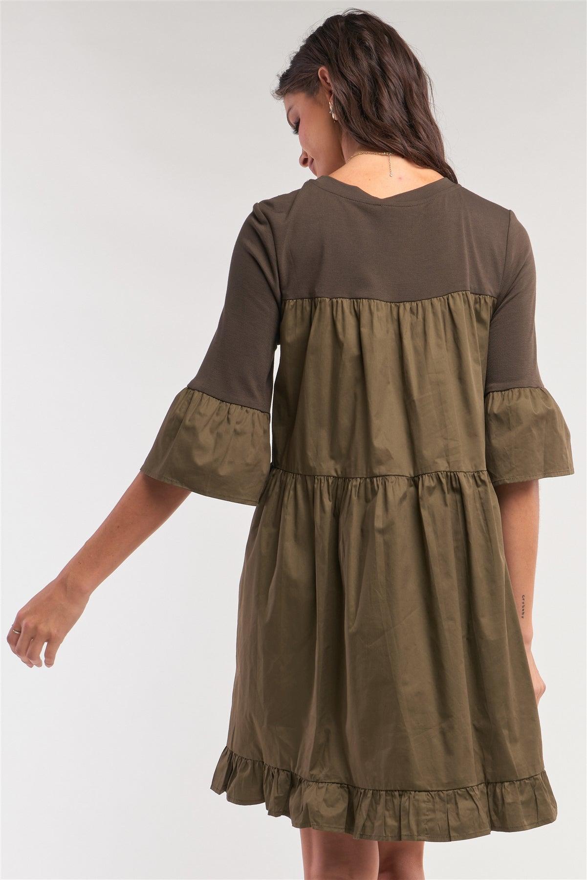 Olive Loose Fit Crew Neck Ruffle Detail Midi Sleeve Cotton Back Panel Detail T-Shirt Mini Dress /1-2-2