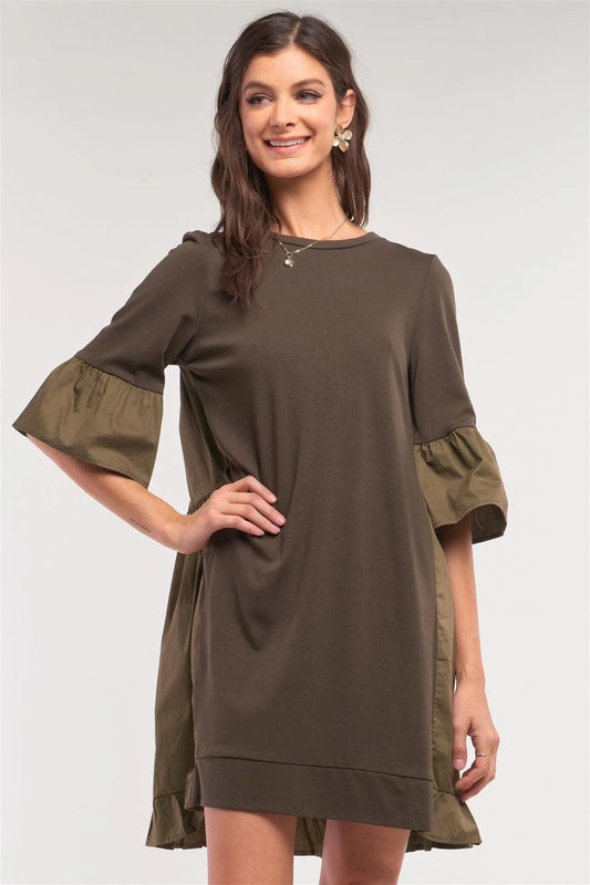 Olive Loose Fit Crew Neck Ruffle Detail Midi Sleeve Cotton Back Panel Detail T-Shirt Mini Dress /1-2-2-1 - Tasha Apparel Wholesale
