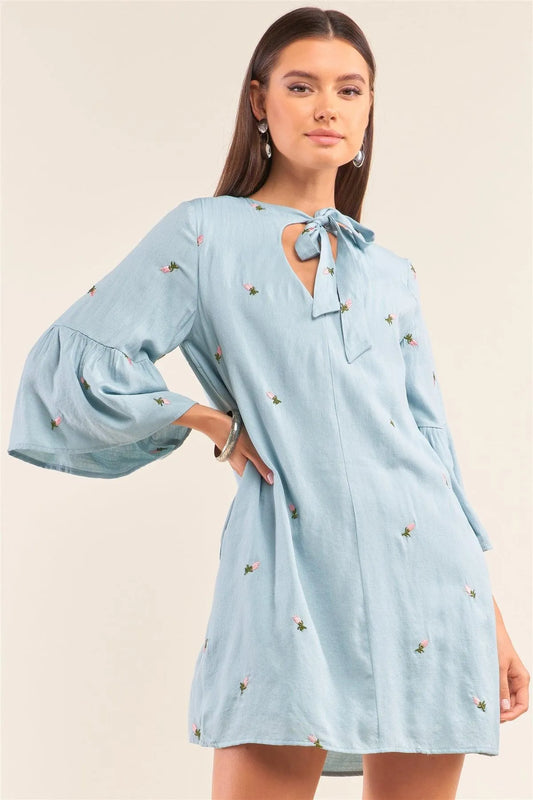 Baby Blue Floral Embroidery V-Neck Mini Dress - Tasha Apparel Wholesale