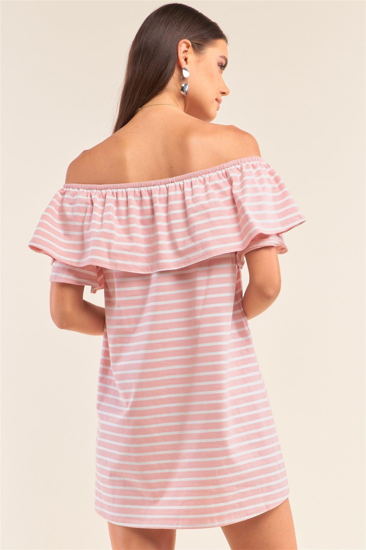 Pink&Ivory Striped Relaxed Fit Off-The-Shoulder Flare Hem Mini Dress /1-2-2
