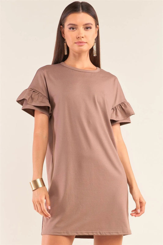 Mocha Loose Fit Crew Neck Ruffle Sleeve Detail T-Shirt Mini Dress /1-2-2-1 - Tasha Apparel Wholesale