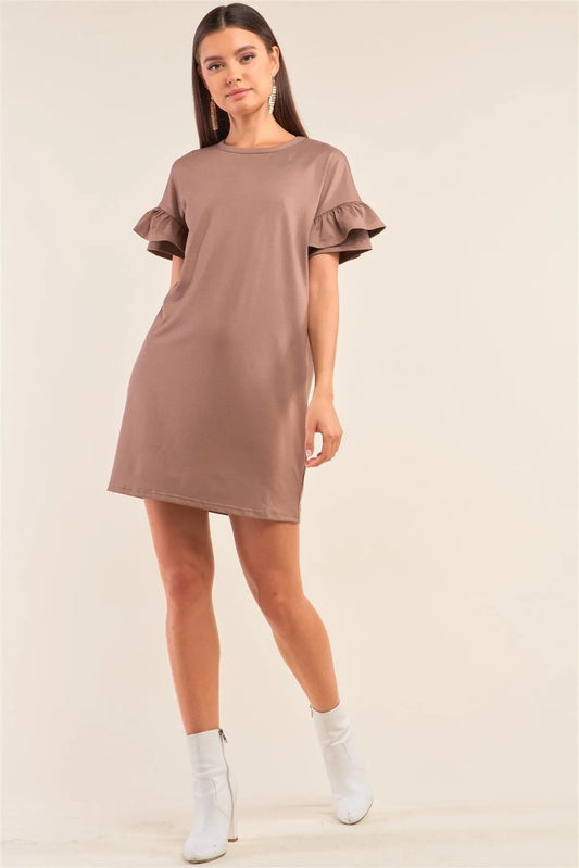 Mocha Loose Fit Crew Neck Ruffle Sleeve Detail T-Shirt Mini Dress /2-2-2 - Tasha Apparel Wholesale