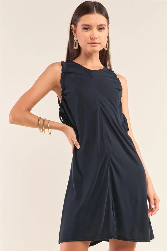 Black Sleeveless Drawstring Detail Crew Neck Knit Back Keyhole Mini Dress /1-2-2-1 - Tasha Apparel Wholesale